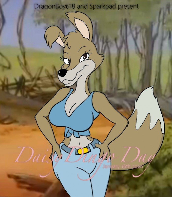 anthro big_breasts breasts clothed clothing female looking_at_viewer poster promo smile solo wide_hips dragonboy618 sparkpad blinky_bill_(series) daisy_dingo canid canine canis dingo mammal 2019 digital_media_(artwork) hi_res