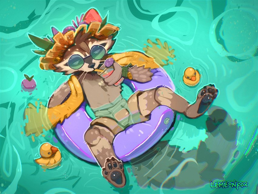 aloha_shirt anthro bottomwear brown_body brown_fur bulge clothing fur hat headgear headwear male pattern_clothing pattern_shirt pattern_topwear pawpads shirt shorts solo straw_hat swimming_pool topwear lemeonfox guardians_of_the_galaxy marvel marvel_rivals rocket_raccoon mammal procyonid raccoon hi_res