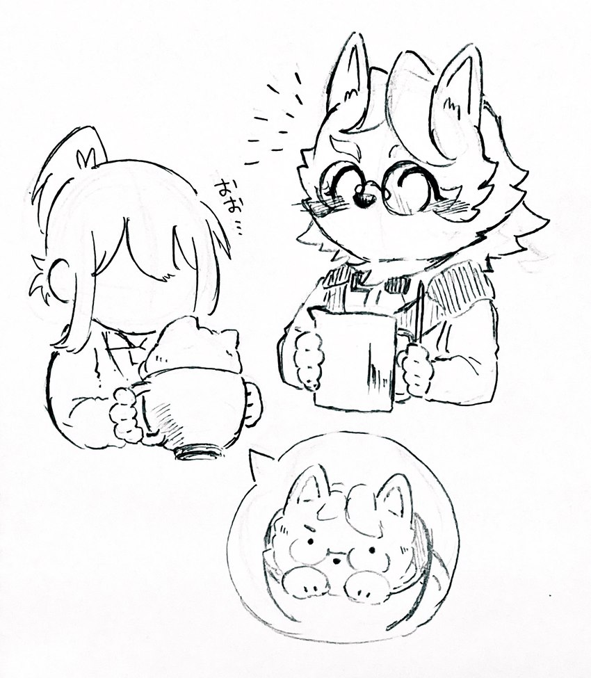 anthro bow_tie container cup duo eyewear female fur glasses holding_object latte_art male text waiter hayata_461 lifewonders live_a_hero esperdica female_operator protagonist_(live_a_hero) canid canine canis human mammal wolf absurd_res hi_res pen_(artwork) sketch traditional_media_(artwork)