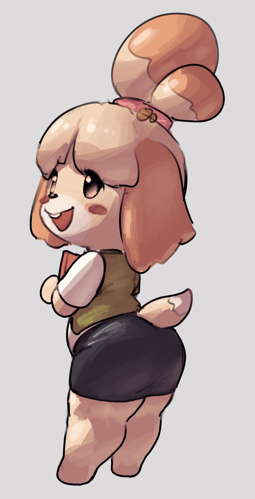 anthro blush bottomwear brown_eyes buckteeth clipboard clothed clothing female fully_clothed fur hair pencil_skirt ponytail shirt skirt slightly_chubby slightly_chubby_female smile solo teeth topwear vest yellow_body yellow_fur okgaki animal_crossing nintendo isabelle_(animal_crossing) canid canine canis domestic_dog mammal digital_media_(artwork) hi_res