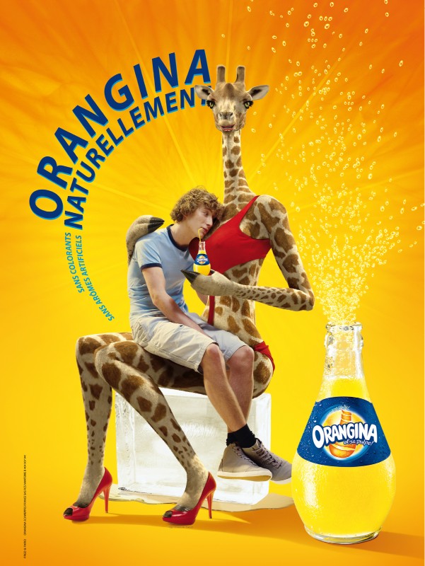 advertisement anthro athletic_wear bra breast_pillow clothing duo female footwear fur high_heels horn looking_at_viewer male markings ossicone shoes sitting size_difference sports_bra spots spotted_body spotted_fur text underwear ffl_paris orangina giraffe giraffid human mammal absurd_res english_text hi_res official_art promotional_material