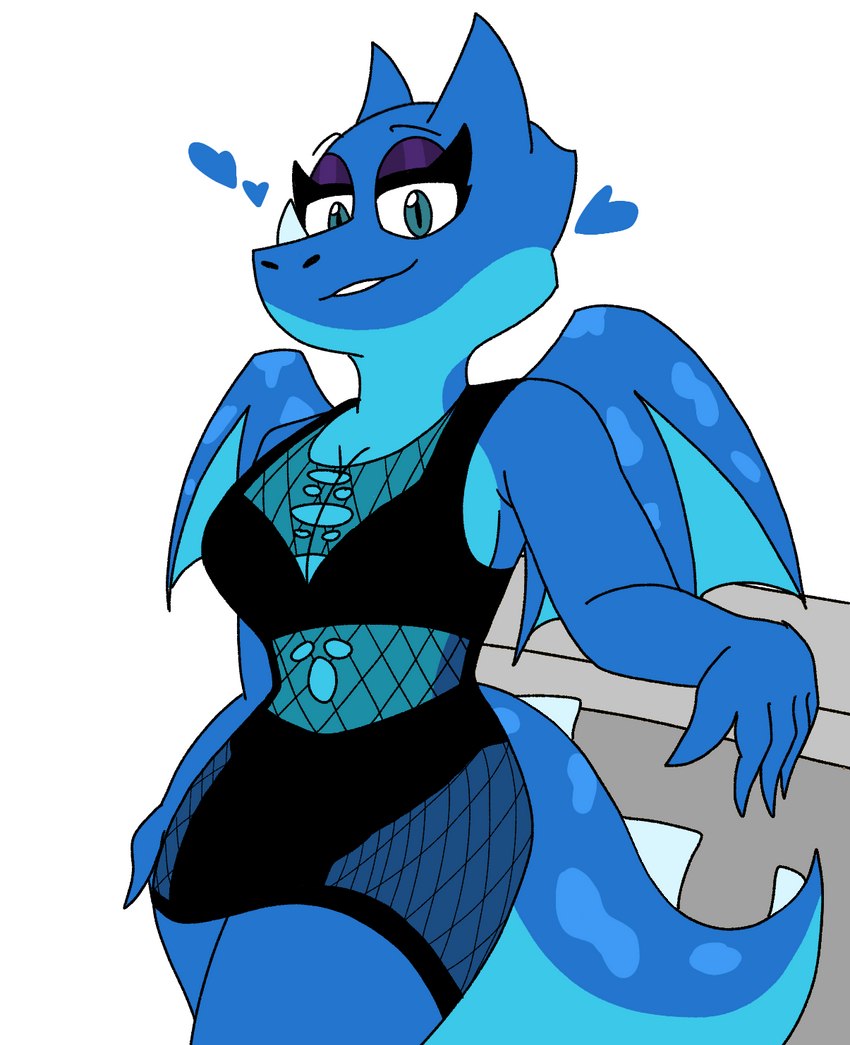 anthro blue_body blue_eyes breasts clothed clothing eyeshadow female heart_symbol makeup simple_background smile solo tail thick_thighs enderbendr clash_royale mythology supercell_(company) electro_dragon_(clash_royale) levina_(endrslendr) dragon mythological_creature mythological_scalie scalie hi_res