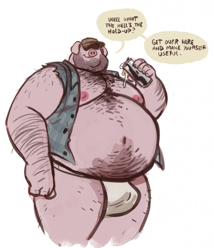 anthro arm_hair beard belly belly_hair beverage big_belly body_hair briefs bulge chest_hair clothed clothing dialogue drinking facial_hair fist forearm_hair forearms front_view hairy happy_trail hat hat_over_eyes headgear headwear leg_hair looking_at_viewer low-angle_view male moobs navel nipples open_clothing open_topwear open_vest overweight shoulder_hair simple_background solo speech_bubble standing stubble text topwear trucker_hat underwear vest white_background dramamine domestic_pig mammal suid suine sus_(pig) 2025 english_text hi_res