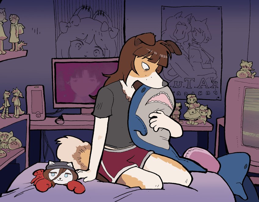 alternate_species anime_figure anthro bangs brown_body brown_fur brown_hair cameo clothed clothing computer computer_keyboard computer_monitor computer_mouse detailed_background electronics female fur furrification hair hug hugging_object hugging_plushie otaku plushie poster slim_anthro slim_female solo speaker remy_boydell cat_lobster_simulator cat_with_gun di_gi_charat garfield_(series) ikea serial_experiments_lain t.a.t.u. blahaj cat_lobster danajiru dejiko fan_character gema_(di_gi_charat) iwakura_lain kara_(hitsujigoods) nermal_(garfield) nervana_(remy_boydell) puchiko canid canine canis domestic_dog fish inanimate_object mammal marine shark 2024 hi_res