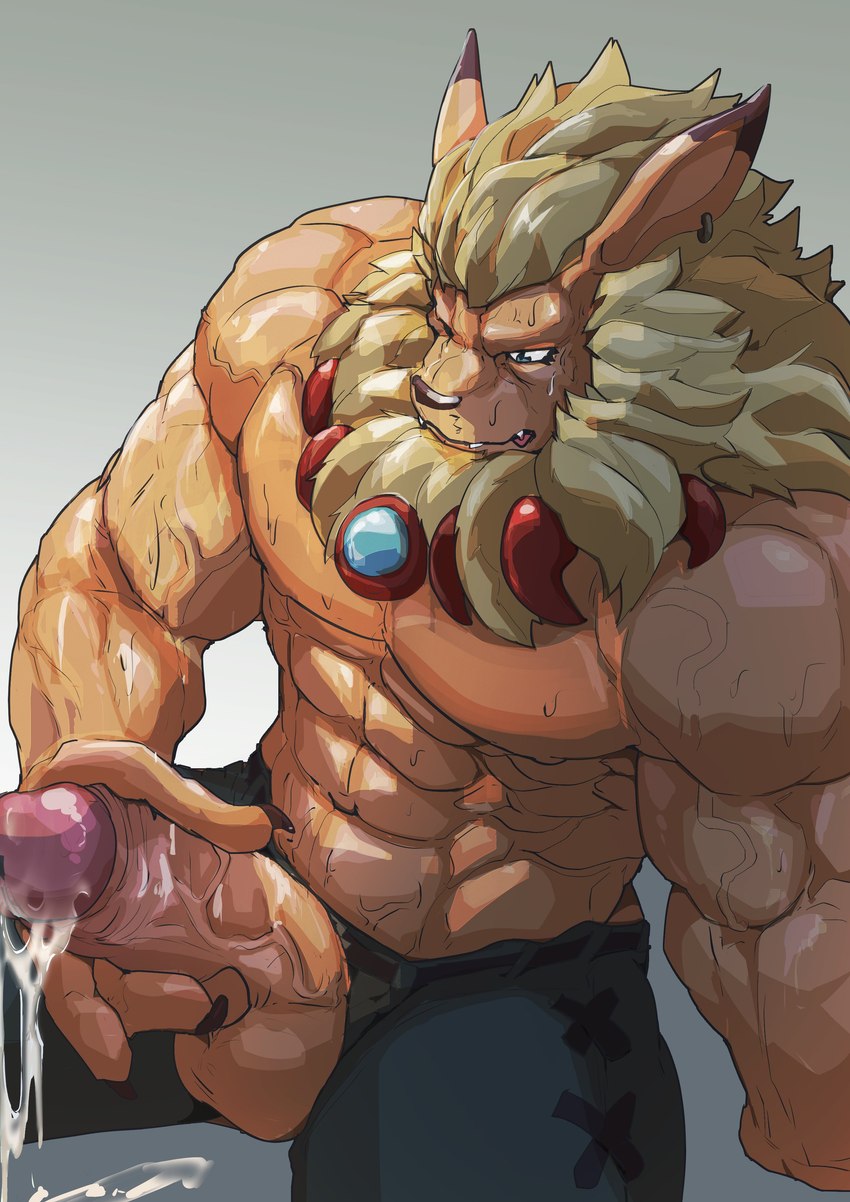 abs anthro balls biceps bodily_fluids cum genital_fluids genitals male mane muscular muscular_anthro muscular_male pecs penis solo sweat vein veiny_muscles veiny_penis asiahao520 bandai_namco digimon digimon_(species) felid leomon lion mammal pantherine absurd_res hi_res