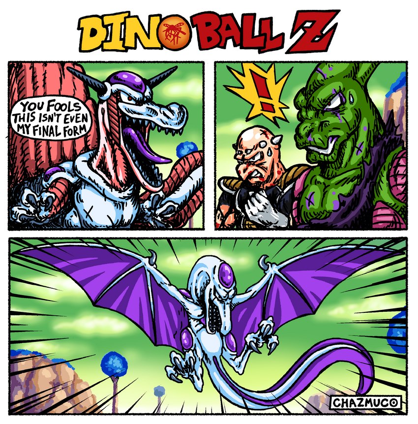 anthro claws duo exclamation_point feral male membrane_(anatomy) membranous_wings open_mouth sharp_teeth solo tail teeth text tongue transformation wings chazmuco cc-by-nc creative_commons dragon_ball this_isn't_even_my_final_form frieza krillin piccolo dinosaur ornithischian pachycephalosaurid pachycephalosaurus prehistoric_species pterosaur reptile scalie spinosaurid theropod absurd_res english_text hi_res meme multiple_scenes