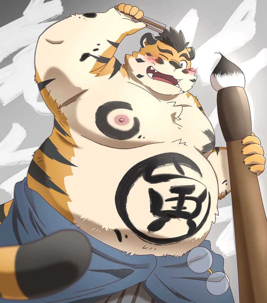 anthro belly big_belly blush brush holding_ink_brush ink_brush kemono male moobs nipples one_eye_closed overweight overweight_male paper_fan solo wink hon55728 felid mammal pantherine tiger 2022 hi_res