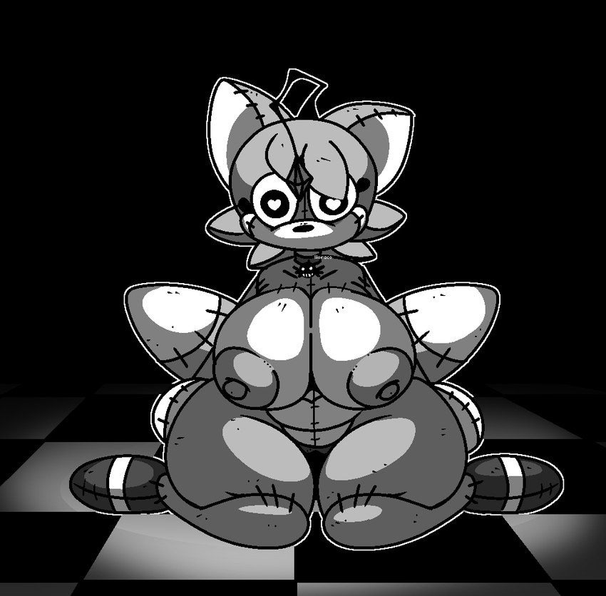 2_tails anthro areola big_breasts black_background black_nose breasts clothing collar crossgender crystal female floor footwear front_view fur genitals grey_areola grey_body grey_clothing grey_footwear grey_fur grey_nipples grey_shoes heart_eyes heart_symbol kneeling looking_at_viewer multi_tail nipples outline plushie shoes simple_background solo stitch_(sewing) tail white_inner_ear mscyan creepypasta eggman_logo sega sonic_the_hedgehog_(series) miles_prower tails_doll canid canine eldritch_abomination fox humanoid mammal monochrome