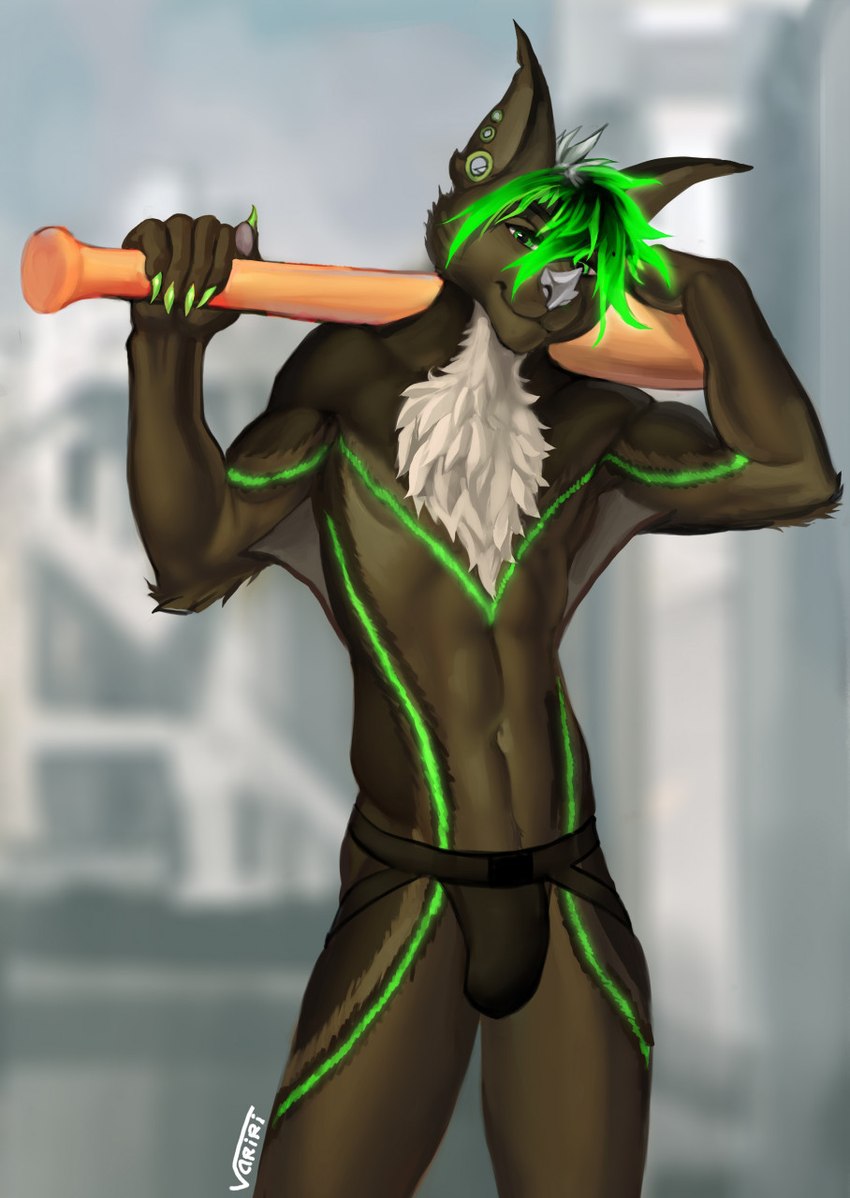 anthro brown_body brown_fur claws ear_piercing ear_ring fur green_body green_claws green_eyes green_fur green_hair hair male membrane_(anatomy) midriff multicolored_hair navel neon patagium piercing ring_piercing smile solo standing two_tone_hair variri neon_(specterdragon) bat mammal 2022 digital_media_(artwork) hi_res