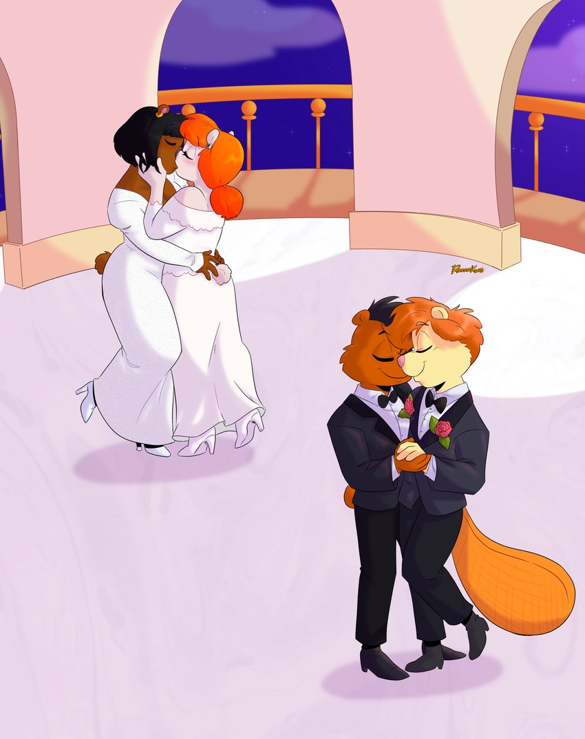 anthro black_tie_(suit) bride butt butt_grab clothing dancing dress female female/female gay_wedding groom group hand_holding hand_on_butt lesbian_wedding lgbt_pride male male/male nuzzling suit wedding_dress croxovergoddess jeremy_rivers natalie_beckett nathan_beckett shania_clemons bear beaver brown_bear mammal polar_bear rodent ursine absurd_res hi_res