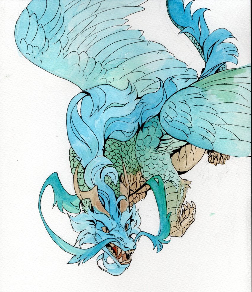 ambiguous_gender blue_body blue_fur blue_mane blue_scales blue_wings fangs feathered_wings feathers feral fur mane open_mouth pupils scales simple_background slit_pupils solo tail tan_body tan_eyes tan_scales teeth white_background wings corzh77 mythology dragon mythological_creature mythological_scalie scalie absurd_res hi_res painting_(artwork) traditional_media_(artwork) watercolor_(artwork)