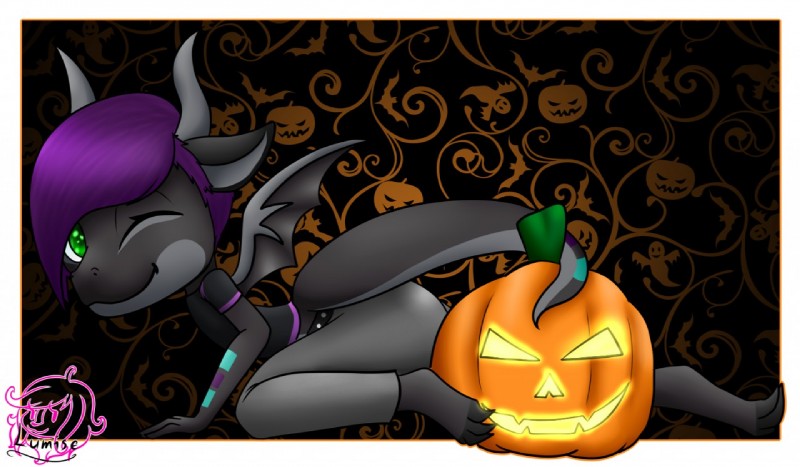 anthro black_clothing black_shirt black_topwear bottomwear clothing decorative digitigrade food fruit green_eyes hair holidays horn jack-o'-lantern male pants plant pumpkin purple_hair scales shirt short_hair solo tail topwear wings medicatedcannibal halloween mythology seren_duskflare dragon mythological_creature mythological_scalie scalie 2017 digital_media_(artwork)