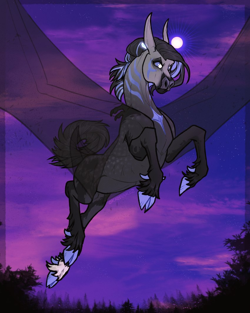 ambiguous_gender back_mane black_body black_fur blue_eyes blue_mane blue_sky ears_back feral fur glistening glistening_eyes gradient_fur grey_body grey_fur looking_at_viewer mane mouth_closed no_pupils outside pink_clouds pivoted_ears sky solo star wings kardinaluz mythology equid equine horse mammal mythological_creature mythological_equine pegasus hi_res