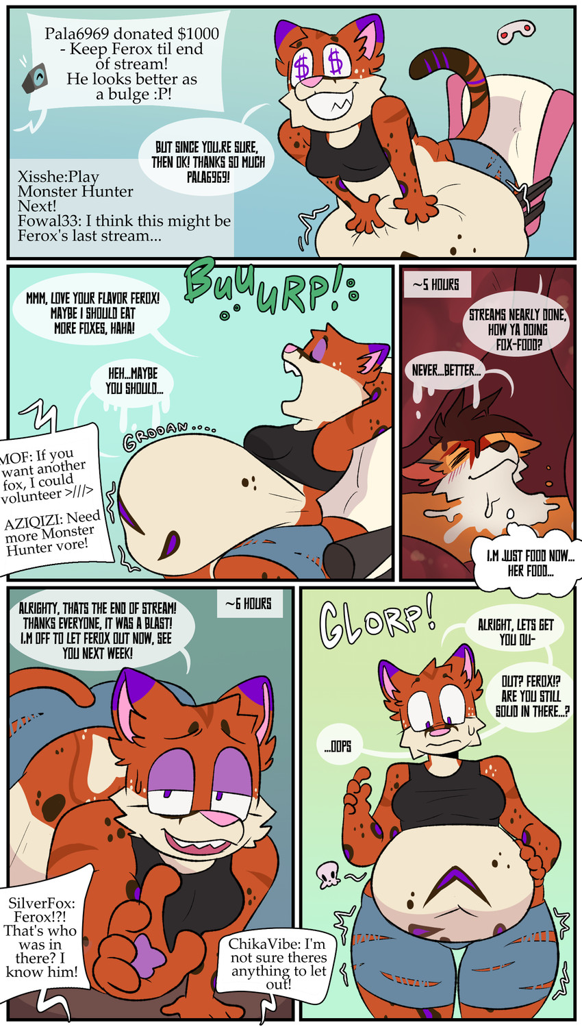 abdominal_bulge accidental_digestion after_vore anthro belly blush bodily_fluids bone bottomwear brown_hair burping chat chyme clothed clothing computer controller currency_symbol dialogue digested digestion digestion_noises digestion_sequence digestive_fluids dollar_sign dollar_sign_pupils donation donation_incentive duo electronics fatal_vore female fur gaming gaming_chair guest_appearance hair internal legwear livestream looking_at_belly looking_at_viewer male male/female melting melty_digestion open_mouth oral_vore orange_body orange_fur organs overweight overweight_anthro overweight_female post_vore_weight_gain predator/prey red_body red_fur relaxed_expression relaxing rumbling_stomach saliva same_size_vore shorts sitting skull slightly_chubby soft_vore speech_bubble spots squirming stomach stomach_acid swallowed swallowed_alive sweat sweatdrop symbol tail talking_to_pred talking_to_prey teeth text thought_bubble time time_lapse torn_clothing torn_legwear touching_belly vore weight_gain white_body white_fur willing_pred willing_prey fioldude ferox_(feroxdoon) sero_(feroxdoon) canid canine cougar felid feline fox hybrid jaguar mammal pantherine red_fox true_fox absurd_res comic english_text hi_res nonbinary_(lore)