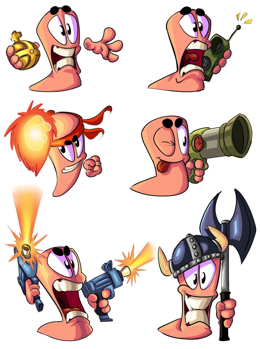 4_fingers aiming ambiguous_gender angry armor axe battle_axe clenched_teeth clothing double_bitted_axe dual_wielding electronics explosives feral fingers fire fist floating_hands grenade group gums gun headgear headwear helmet holding_grenade holding_gun holding_melee_weapon holding_object holding_ranged_weapon holding_rocket_launcher holding_walkie_talkie holding_weapon horn horned_helmet limbless looking_at_viewer melee_weapon multiple_weapons noseless one_eye_closed open_mouth ranged_weapon red_clothing red_headwear rocket_launcher shooting simple_background smile submachine_gun teeth tongue tongue_out toony toothy_grin uzi walkie-talkie weapon white_background giovelloart worms_(series) worm worm_(worms) cel_shading digital_drawing_(artwork) digital_media_(artwork) hi_res shaded
