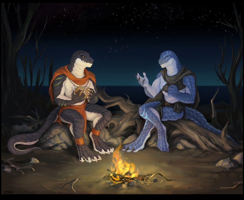 anthro bottomwear campfire claws cloak clothing crossed_legs duo eye_contact fire food loincloth looking_at_another male outside plant sitting tail tree 3033 crius_(offline_user) tuss_(kutussssss) lizardman scalie hi_res