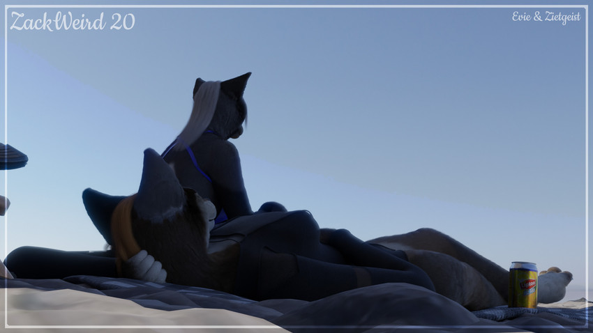 anthro beach beach_towel beach_umbrella duo female iced_tea parasol relaxing seaside towel diffident_hexagon eviemuller zeitgeist canid canine canis fox mammal red_fox silver_fox true_fox wolf 16:9 2020 3d_(artwork) character_name digital_media_(artwork) hi_res widescreen