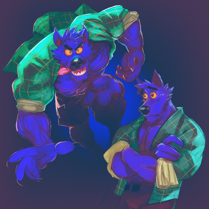 action_pose anthro biped black_eyebrows black_nose clothed clothing crossed_arms eyebrows fur male muscular muscular_anthro muscular_male muscular_thighs open_clothing open_shirt open_topwear pose purple_body purple_fur shirt thick_eyebrows topwear yellow_sclera dyna_inugata cartoon_network mythology ok_k.o.!_let's_be_heroes bernard_(ok_k.o.!_lbh) canid canine mammal mythological_canine mythological_creature werecanid werecanine werecreature werewolf 2022 absurd_res colored hi_res