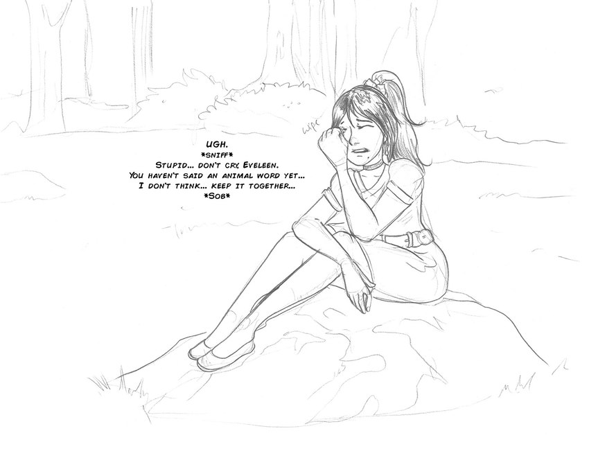 belt bodily_fluids choker clothed clothing crying dialogue dress eyes_closed female footwear forest hair human_only jewelry necklace not_furry outside plant shoes solo tears text tree arania the_cabin_in_the_woods_(arania) eveleen_(tcitw) human mammal comic english_text hi_res monochrome