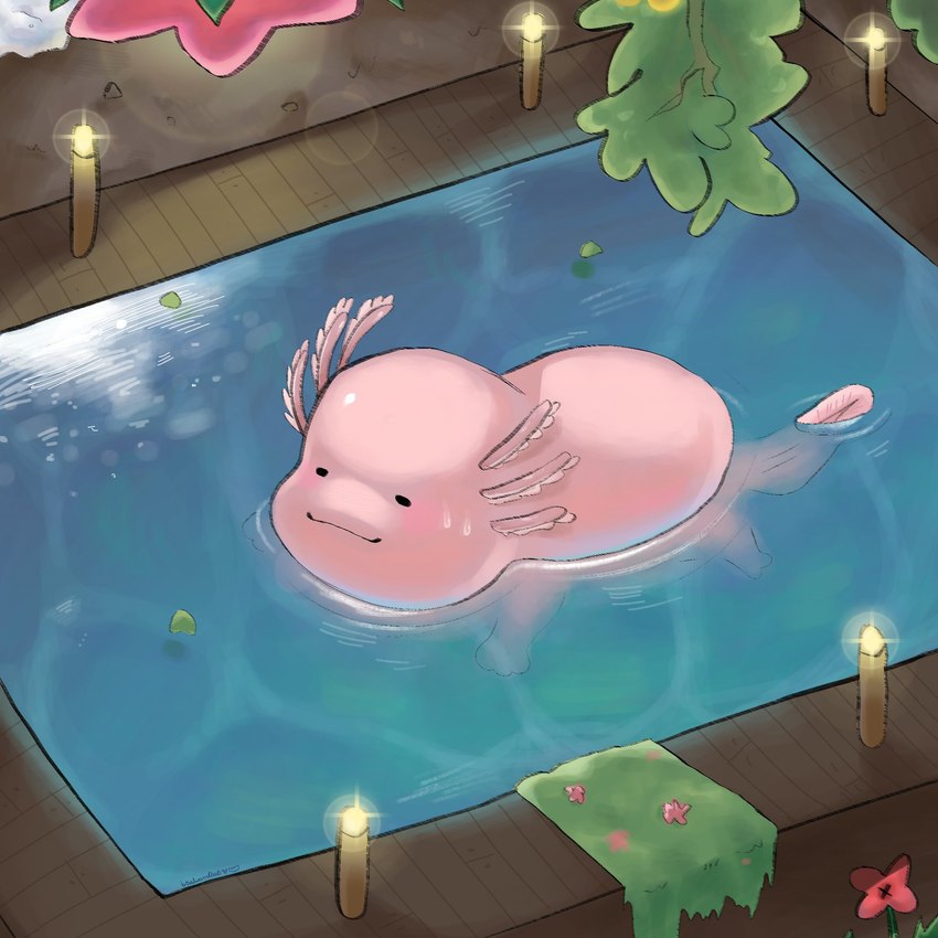 eyes_closed flower glistening glistening_water grass leaf male mouth_closed partially_submerged pink_body pink_tail plant relaxing solo tail torch water bratwurstcat microsoft minecraft mojang xbox_game_studios amphibian axolotl axolotl_(minecraft) marine mole_salamander salamander 1:1 2023 digital_media_(artwork) hi_res