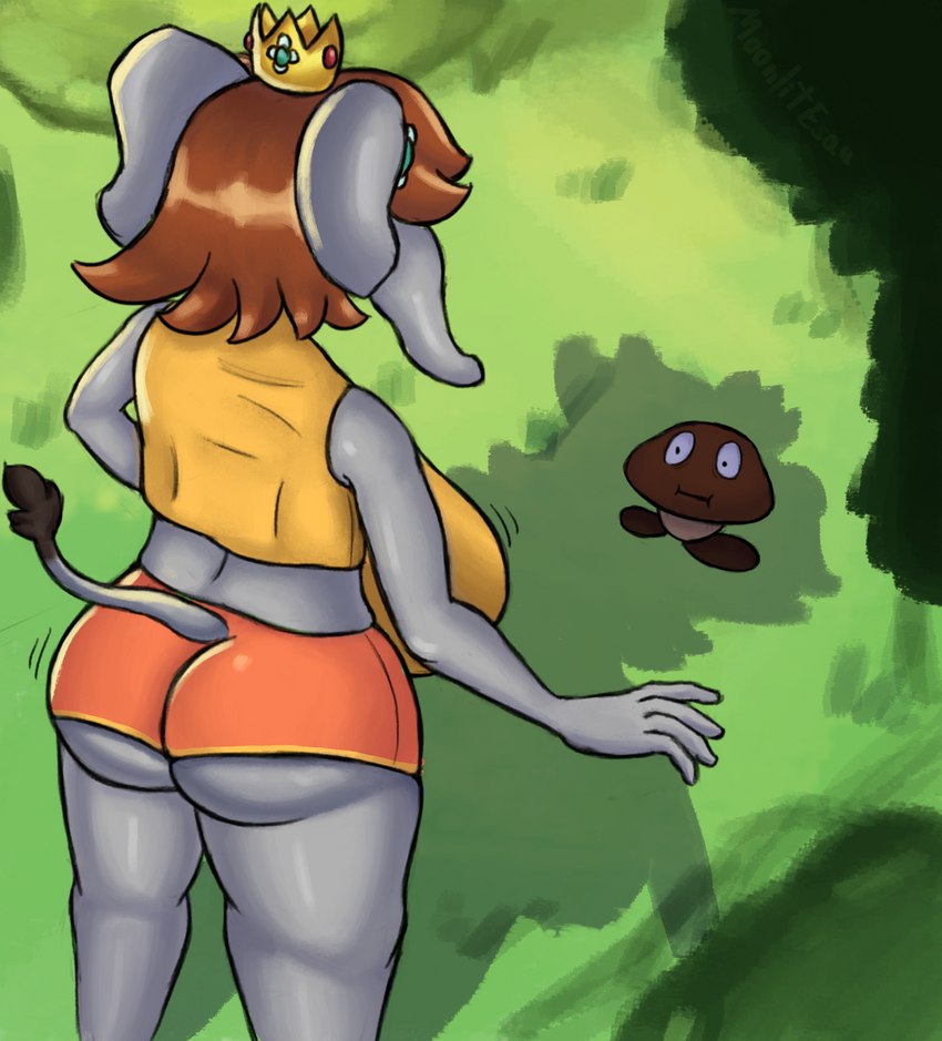 anthro big_breasts big_butt bottomwear breasts brown_hair butt clothing crop_top duo female grey_body hair hotpants huge_breasts shirt shorts snout thick_thighs topwear moonlitesau mario_bros nintendo super_mario_bros_wonder elephant_daisy princess_daisy elephant elephantid goomba mammal proboscidean hi_res