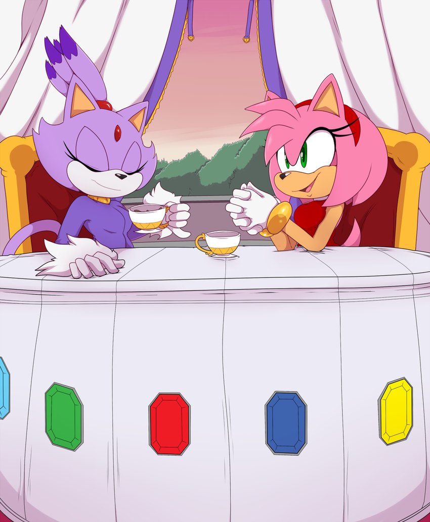 anthro beverage clothed clothing duo female furniture green_eyes holding_object pink_body purple_body sitting table tea_party bigdon1992 sega sonic_the_hedgehog_(series) amy_rose blaze_the_cat domestic_cat eulipotyphlan felid feline felis hedgehog mammal hi_res