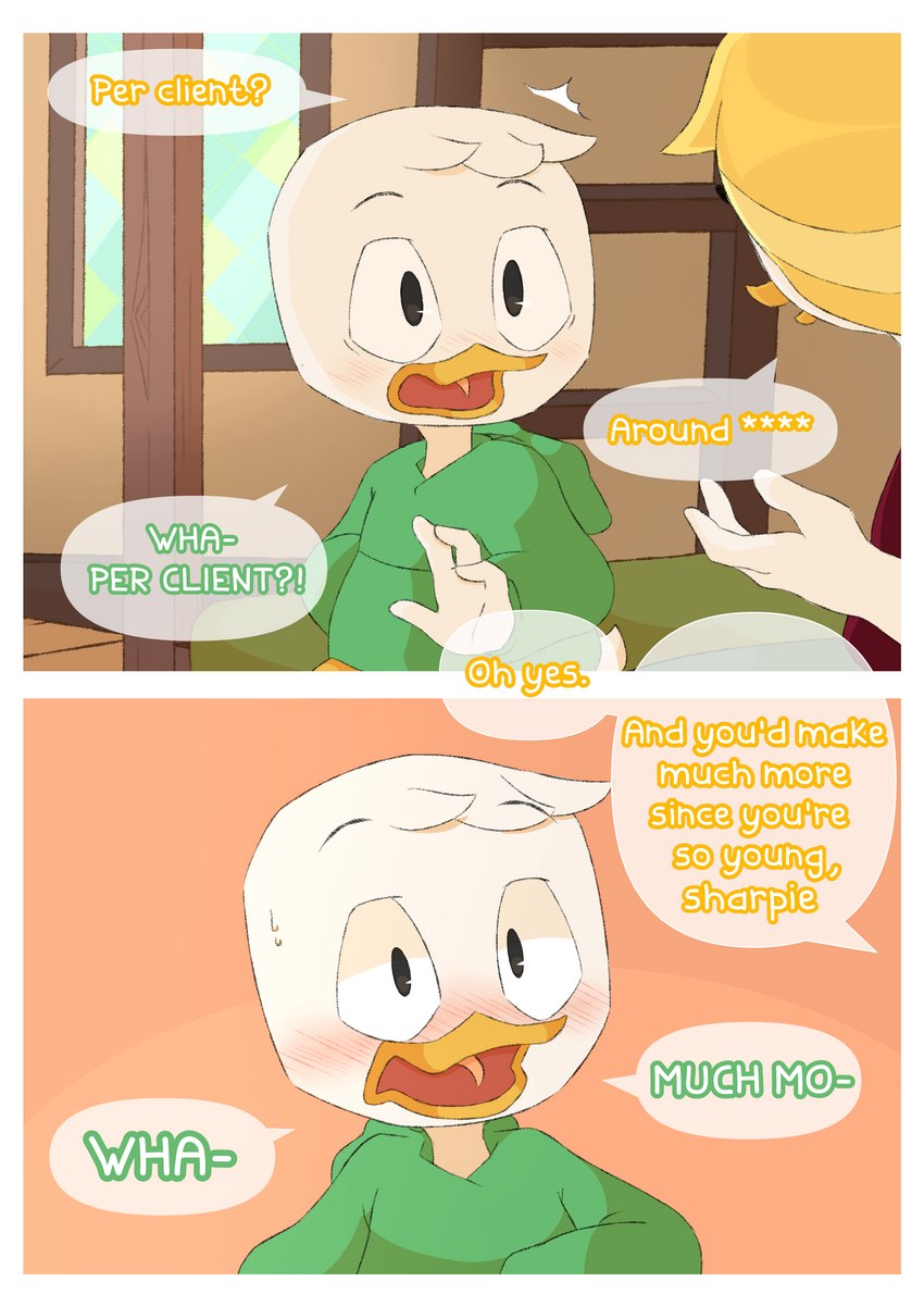 bed bedroom border dialogue furniture text white_border threek disney ducktales ducktales_(2017) goldie_o'gilt louie_duck anatid anseriform avian bird duck absurd_res comic english_text hi_res