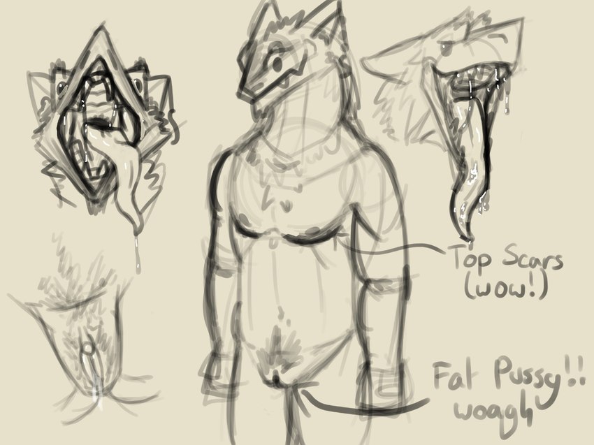 andromorph anthro bodily_fluids clitoris fur genital_fluids genitals intersex mastectomy_scar mouth_shot naughty_face nipples nude open_mouth presenting_mouth pubes pussy saliva saliva_string scar solo standing teeth tongue tongue_out vaginal_fluids chyoden mammal sergal 2025 hi_res sketch trans_(lore)