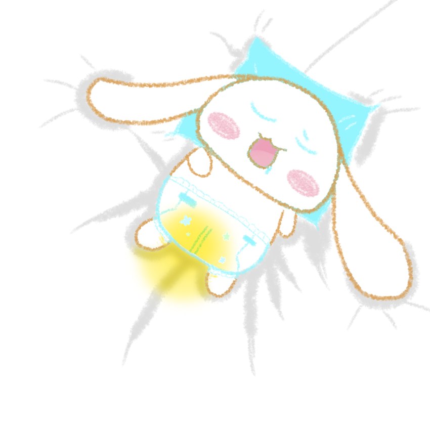 ambiguous_gender bed bedding bedding_background bedwetting bodily_fluids clothed clothing diaper diaper_only diaper_use feral frown furniture genital_fluids leaking_diaper print_diaper solo topless unclean_diaper urine used_diaper wearing_diaper wet wet_diaper wetting wetting_diaper white_body billytheshinx cinnamoroll sanrio cinnamon_(cinnamoroll) canid canine canis domestic_dog mammal hi_res