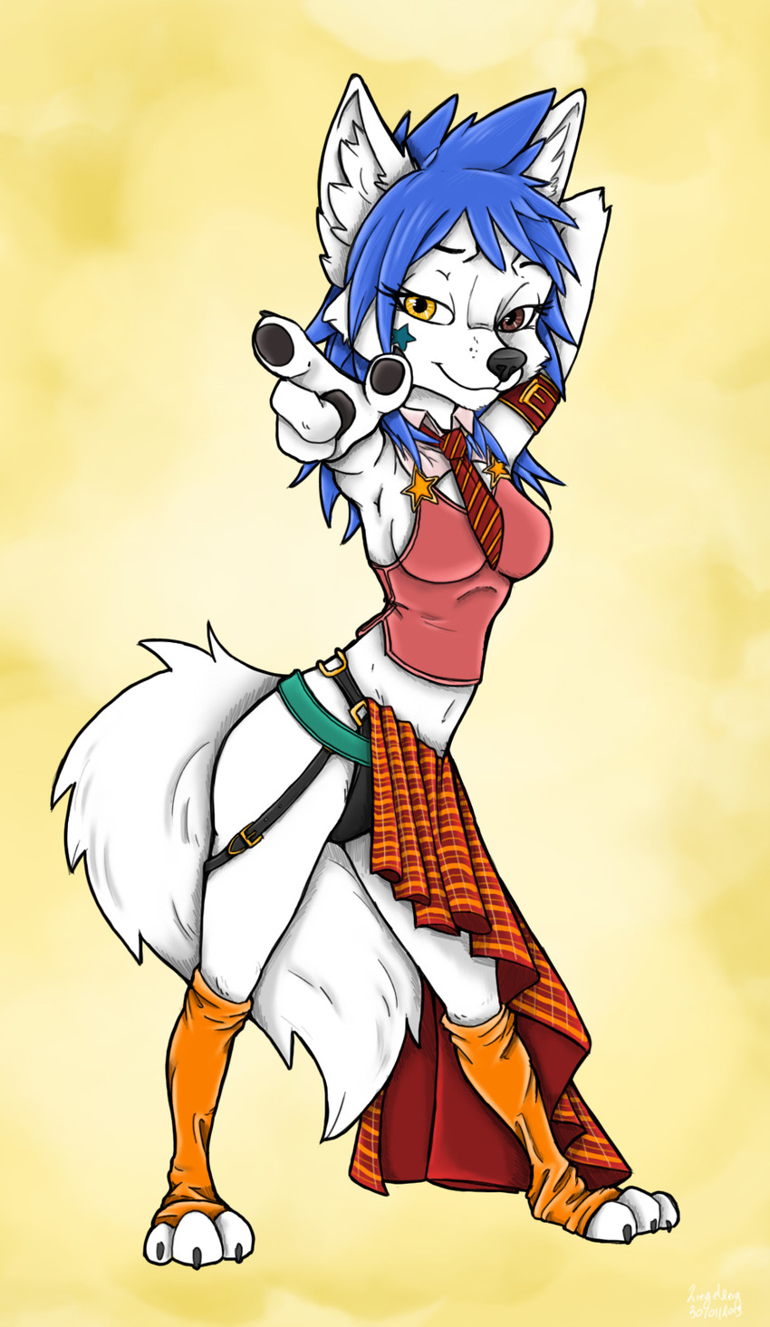 anthro blue_hair breasts brown_eyes clothing dancing female footwear fur hair heterochromia necktie solo toeless_footwear white_body white_fur yellow_eyes ziegelzeig bad_guy_cafe mia_(smneff) arctic_fox canid canine fox mammal true_fox hi_res