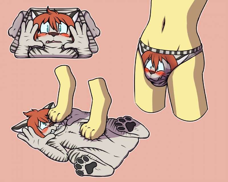 4_fingers 4_toes ambiguous_gender anthro blush bulge clothing clothing_transformation digitigrade doormat duo feet fingers flattened foot_on_face frown fur grey_body grey_fur inanimate_transformation living_underwear male malleable_body pawpads pink_background simple_background striped_body striped_fur stripes teeth toes transformation underwear underwear_transformation wearing_clothing_character why idunfox ambiguous_species animate_inanimate domestic_cat felid feline felis mammal 5:4