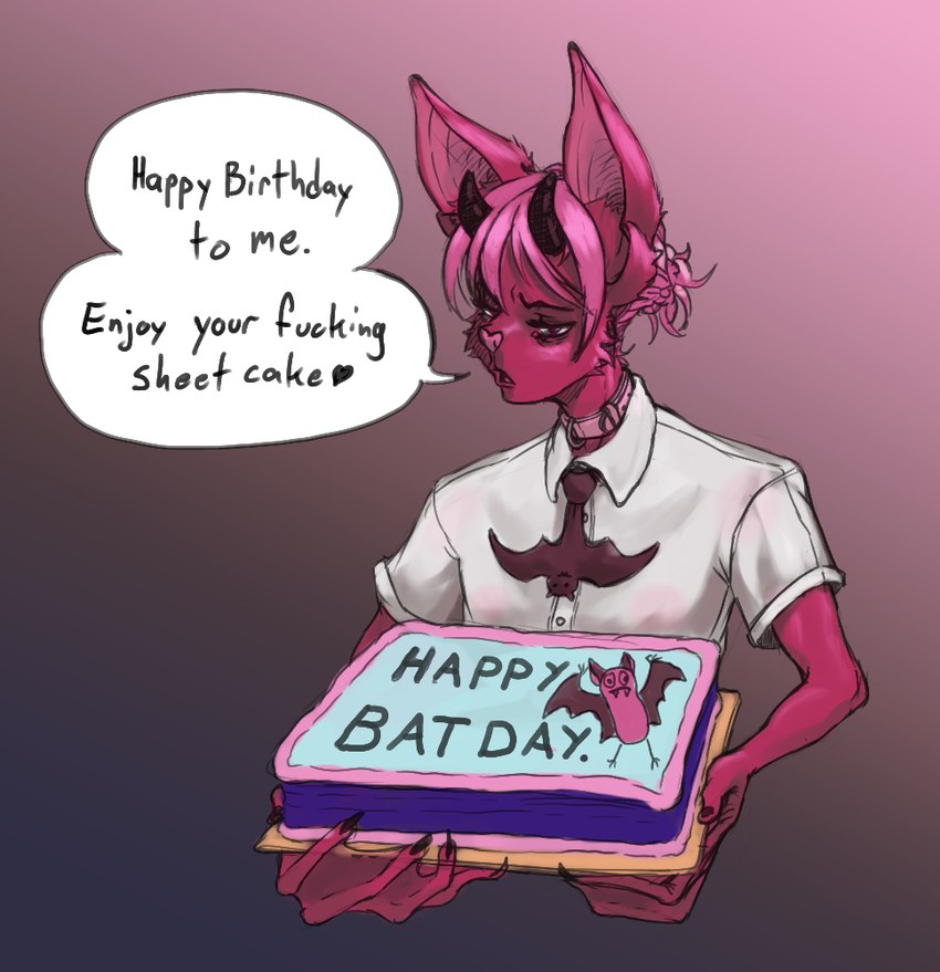 anthro cake clothing collar dessert dialogue food fur hair holding_cake holding_food holding_object horn male membrane_(anatomy) pink_body pink_fur pink_hair shirt simple_background solo text topwear webbed_hands white_clothing white_shirt white_topwear comictf kullax bat mammal 2024 digital_media_(artwork) english_text