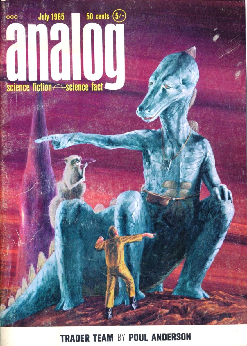 ambiguous_gender anthro group smile tail text trio john_schoenherr analog_science_fiction human lizard mammal procyonid raccoon reptile scalie 1965 20th_century ancient_art cover digital_media_(artwork) english_text hi_res magazine_cover mixed_media traditional_media_(artwork)