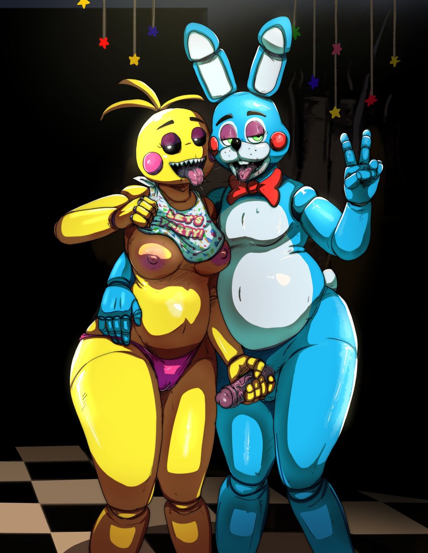 5_fingers after_kiss anthro anthro_on_anthro areola arm_around_back balls belly bib big_breasts black_eyebrows black_nose black_sclera blue_balls blue_ears blush blush_stickers bodily_fluids bow_tie breasts buckteeth camel_toe checkered checkered_floor clothed clothing cotton_tail duo eyebrows eyelashes featureless_chest female female_anthro femboy fingers foreskin front_view genitals gesture glowing glowing_eyes green_eyes half-closed_eyes hand_gesture hand_on_hip handjob humanoid_genitalia humanoid_penis inside interspecies knock-kneed machine male male/female male_anthro narrowed_eyes navel nipples noseless nude nude_anthro nude_male panties penile penis pink_areola pink_clothing pink_nipples pink_panties pink_penis pink_tongue pink_underwear red_bow_tie retracted_foreskin reverse_grip saliva saliva_on_tongue saliva_string sex sharp_teeth short_tail slightly_chubby slightly_chubby_anthro slightly_chubby_male standing tail teeth tongue tongue_out topless topless_anthro topless_female underwear v_sign vein veiny_penis whisker_spots white_eyes white_inner_ear white_tail yellow_body teastuff five_nights_at_freddy's five_nights_at_freddy's_2 scottgames toy_bonnie_(fnaf) toy_chica_(fnaf) animatronic avian bird chicken galliform gallus_(genus) lagomorph leporid mammal phasianid rabbit robot 2024 absurd_res hi_res