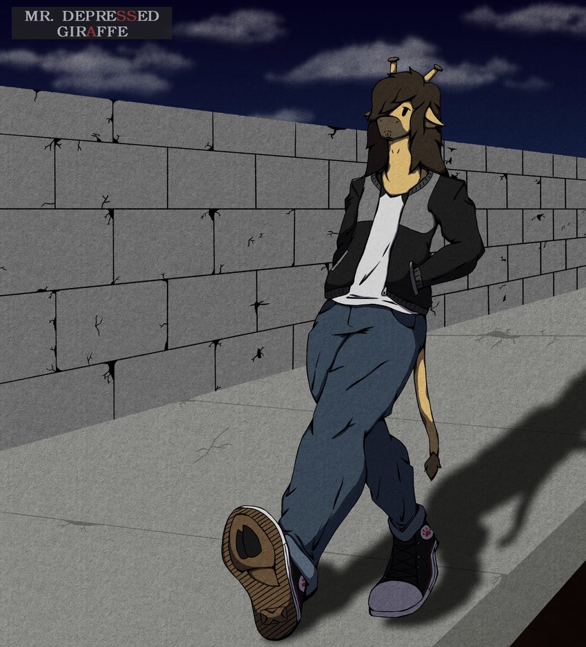 anthro bottomwear brown_hair city city_background clothed clothing cloud cracked_wall denim denim_bottomwear denim_clothing dot_eyes footwear hair hand_in_pocket hands_in_both_pockets horn jacket jeans long_hair long_neck male night ossicone pants pockets shadow shirt shoe_soles shoes sidewalk simple_background solo tail topwear walking wall_(structure) mr.depressed_giraffe aaron_walker giraffe giraffid mammal cel_shading hi_res shaded simple_shading watermark