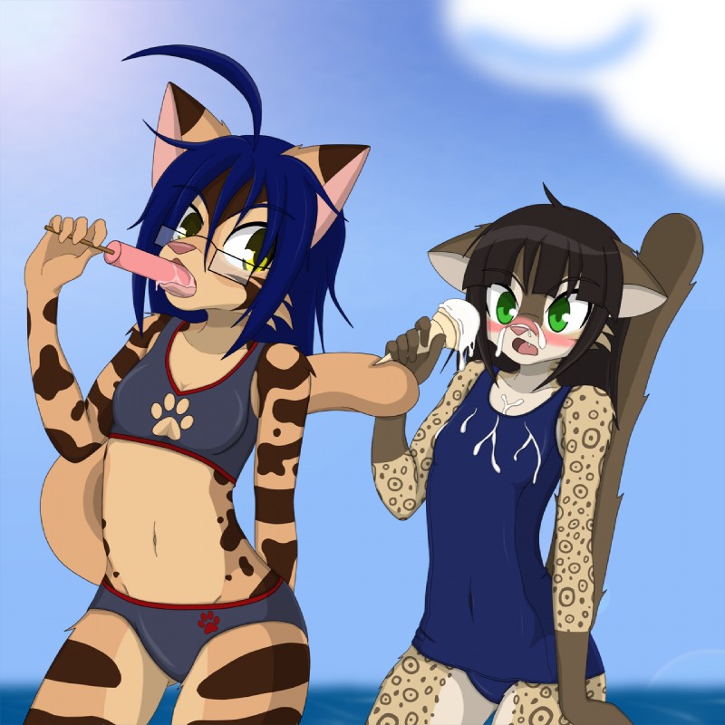 adolescent anthro beach bikini blue_hair blush clothing dessert duo eyewear female food food_fetish glasses green_eyes hair ice_cream keyhole_bikini midriff navel one-piece_swimsuit outside school_swimsuit seaside sucking suggestive suggestive_food swimwear tail two-piece_swimsuit yellow_eyes young young_anthro kloe_(artist) kloe_kitty noodle_(domovoi_lazaroth) felid mammal 1:1 hi_res