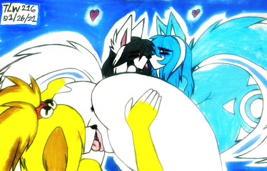 anthro anus big_butt black_hair blonde_hair blue_body blue_fur blue_hair butt cunnilingus female female/female french_kissing fur group hair heart_symbol kissing oral sex text vaginal white_body white_fur yellow_body yellow_fur theloanwanderer216 animal_crossing nintendo star_fox undertale undertale_(series) isabelle_(animal_crossing) krystal_(star_fox) temmie_(undertale) canid canine canis domestic_dog felid feline fox mammal tem 2021 english_text signature traditional_media_(artwork)