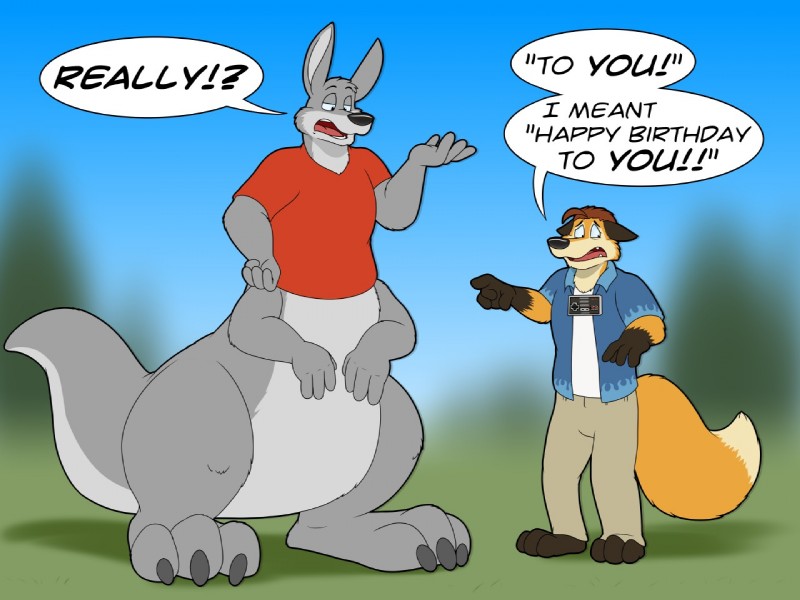 anthro bottomwear clothing dialogue duo happy_birthday implied_transformation male multi_arm multi_limb outside pants plantigrade shirt speech_bubble standing tail text thick_tail topwear kitsunekit tyvulpine canid canine fox kangaroo kangaroo_taur macropod macropod_taur mammal mammal_taur marsupial marsupial_taur taur 4:3 english_text