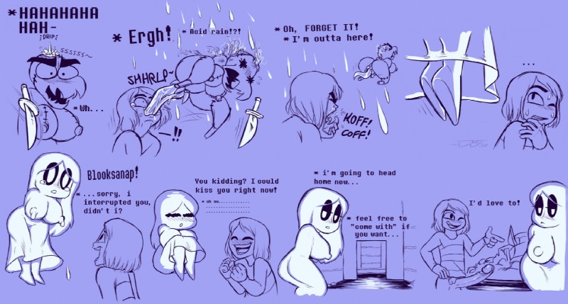 alternate_universe anthro blush bodily_fluids breasts clitoris cough crossgender doll ellipsis erection female genitals group knife lactating male neck_bulge oral penis pussy_tongue saliva tears text tongue water thewill under(her)tail undertale undertale_(series) video_games_awesome blooksanap mad_dummy napstablook ghost human mammal monster spirit comic digital_media_(artwork) english_text