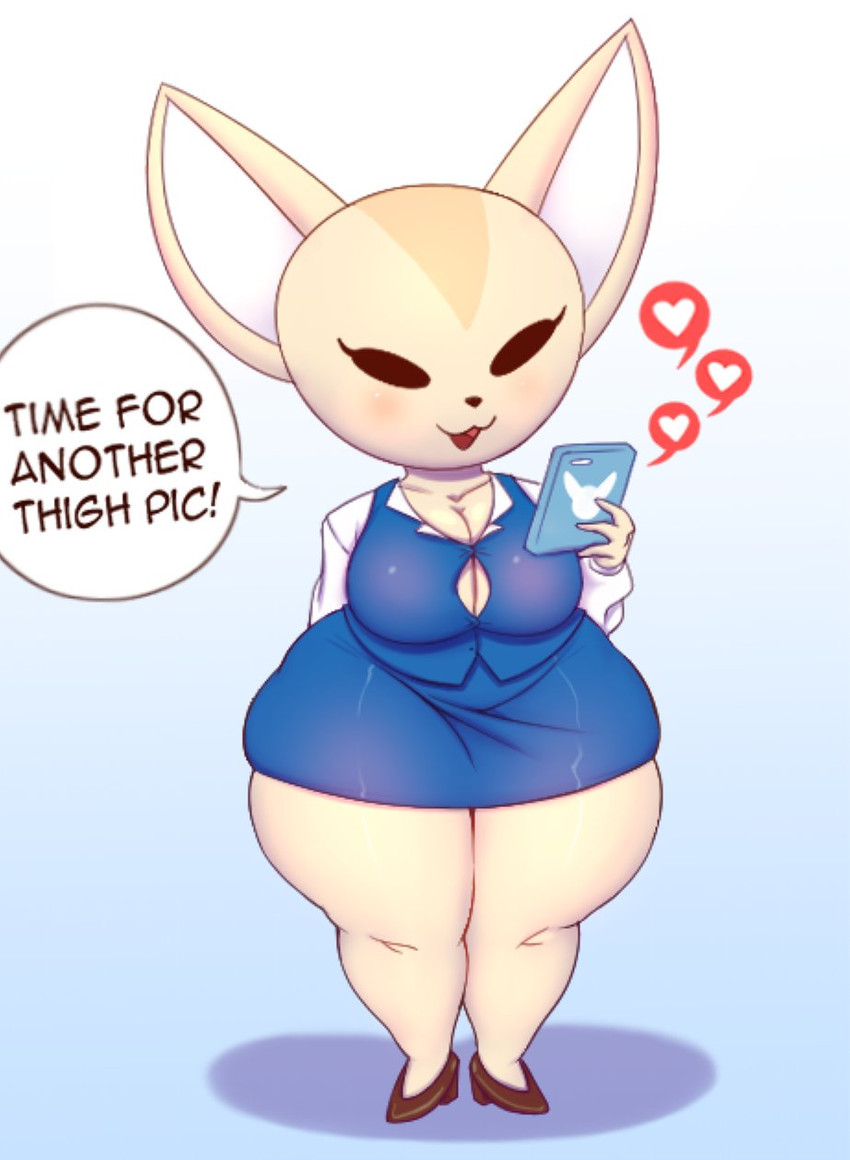 anthro big_breasts blush breasts cellphone cleavage clothed clothing dialogue electronics female fur hand_behind_back heart_symbol holding_cellphone holding_object holding_phone huge_hips huge_thighs open_mouth phone short_stack simple_background smile solo standing text thick_thighs tongue wide_hips huwon aggretsuko sanrio fenneko canid canine fennec_fox fox mammal true_fox 2020 english_text hi_res upscale