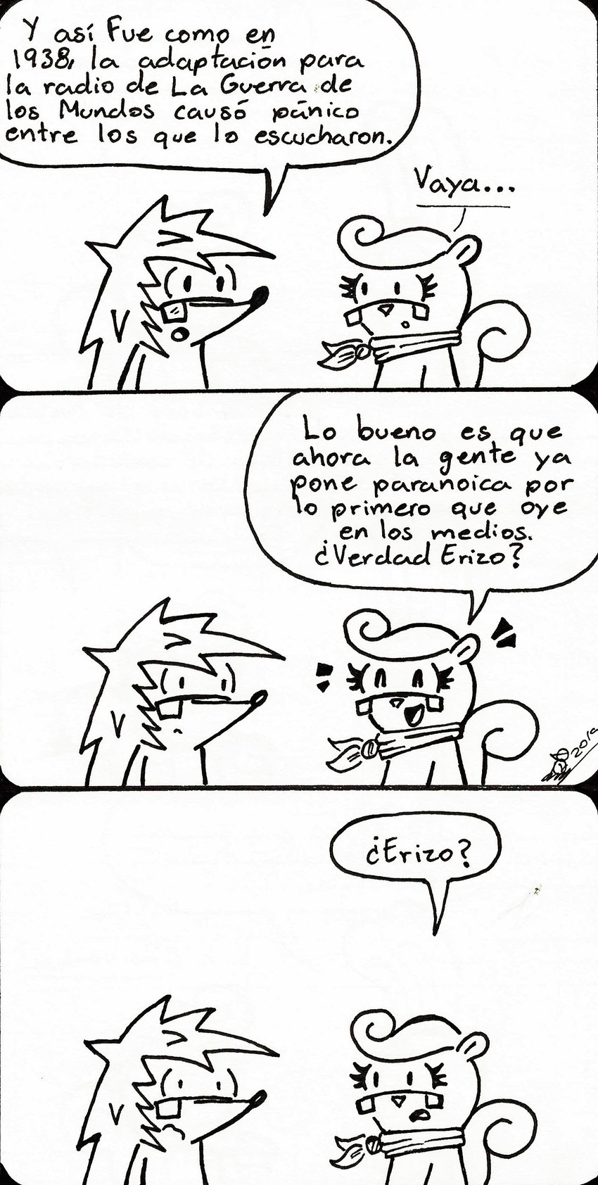 anthro clothed clothing curled_hair curled_tail dialogue duo eyelashes eyewear female hair humor male male/female romantic romantic_couple scarf simple_background speech_bubble tail text el_senor_erizo erizo nutty_(el_senor_erizo) eulipotyphlan hedgehog mammal rodent sciurid tree_squirrel absurd_res comic hi_res monochrome spanish_text translated