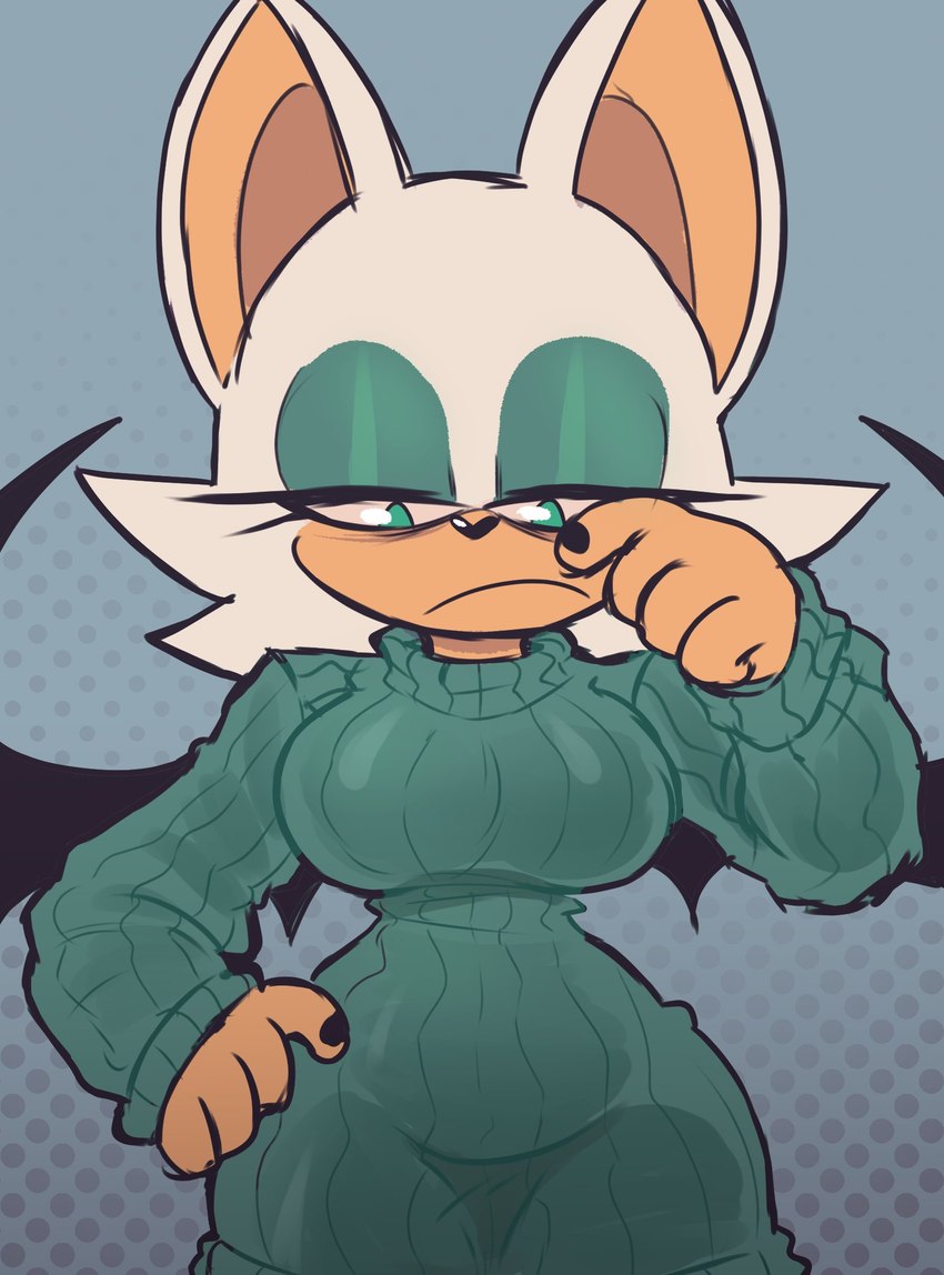 anthro breasts clothing female fur narrowed_eyes ribbed_clothing simple_background solo sweater tan_body tan_skin tired topwear white_body white_fur wings karl0 sega sonic_the_hedgehog_(series) rouge_the_bat bat mammal hi_res