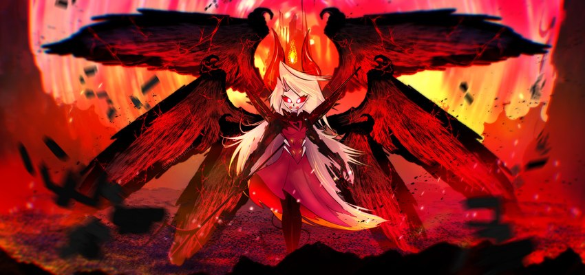 6_wings blonde_hair clothed clothing dress eyelashes female fire hair horn multi_wing red_cheeks red_eyes serious serious_face solo spread_wings wings darkxpazz hazbin_hotel charlie_morningstar demon absurd_res hi_res watermark