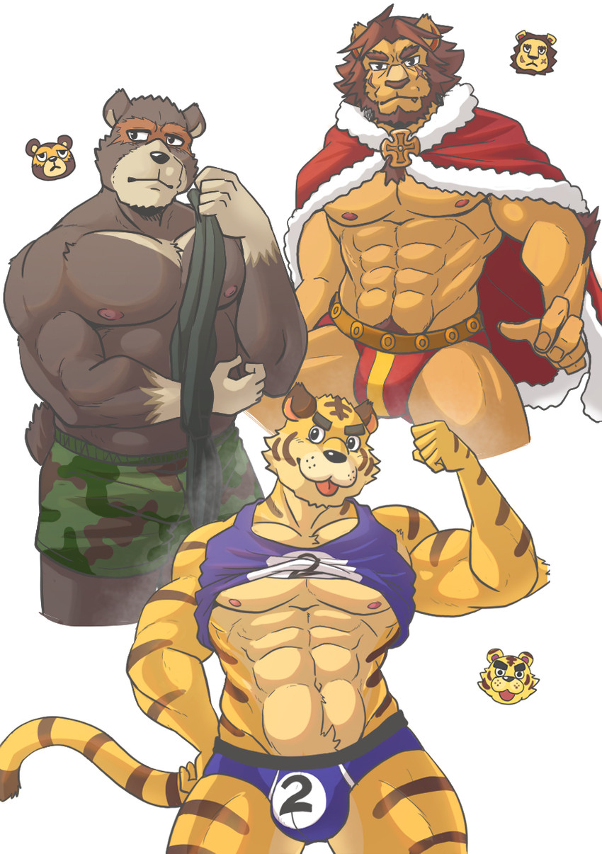 anthro barazoku brown_body brown_fur bulge clothing fur humanoid_hands kemono male muscular nipples scar simple_background tongue tongue_out underwear undressing white_background h155296 animal_crossing nintendo elvis_(animal_crossing) ike_(animal_crossing) tybalt_(animal_crossing) bear felid lion mammal pantherine tiger 2020 hi_res