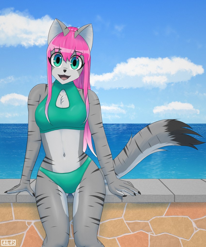 anthro bikini claws clothing cloud countershading dipstick_tail female fluffy fluffy_tail fur green_clothing green_eyes grey_body grey_fur hair markings outside pink_hair sea sitting smile solo striped_body stripes swimwear tail tail_markings two-piece_swimsuit wall_(structure) water atlas_jkb anya_(atlas_jkb) domestic_cat felid feline felis mammal 5:6 absurd_res hi_res shaded watermark