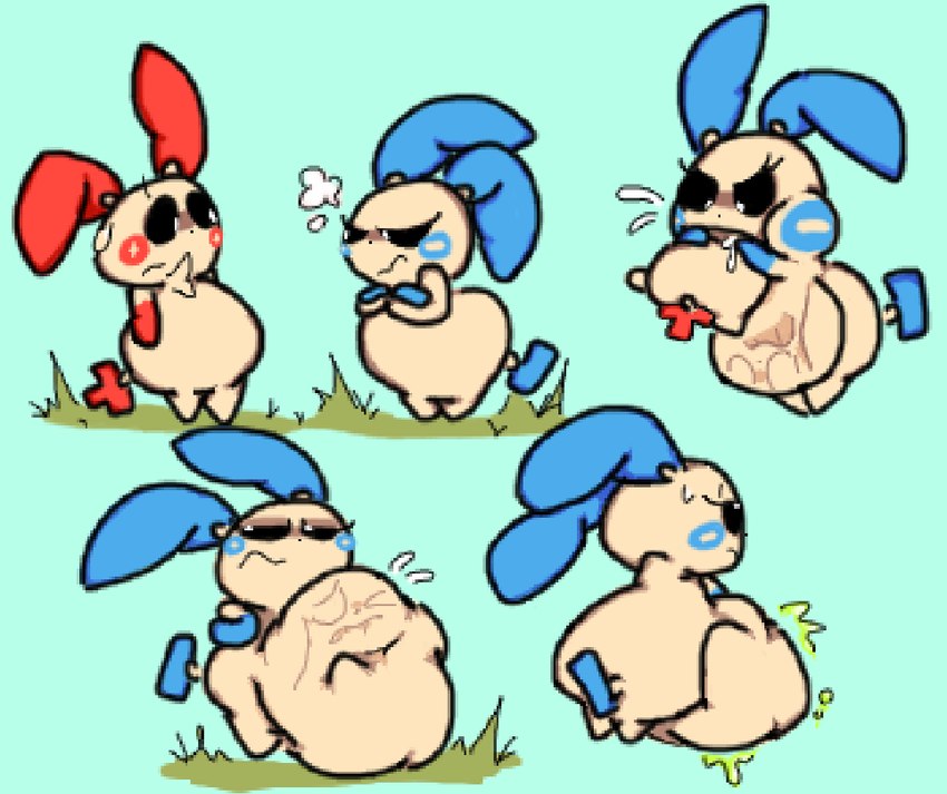 ambiguous_feral ambiguous_gender ambiguous_pred angry angry_cloud annoyed annoyed_pred belly belly_on_ground belly_overhang bent_ear big_belly biped bipedal_feral black_nose black_sclera bloated blue_background blue_ears blue_hands blue_tail bodily_fluids body_in_mouth body_outline butt cheek_spots chest_tuft closed_frown crossed_arms day dripping drooling duo eye_contact eyelashes face_imprint feet feral feral_pred feral_prey flying_saliva four_frame_sequence fully_inside fur gloves_(marking) grass half-closed_eyes head_first huge_belly imprint looking_aside looking_at_another looking_down_at_another markings monobutt monotone_belly monotone_feet monotone_hands motion_lines mouth_closed narrowed_eyes nervous one_ear_up outside partially_inside plant pupils red_ears red_hands red_tail rumbling_stomach saliva saliva_drip saliva_on_body same_size_vore semi-anthro side_view simple_background slightly_chubby slightly_chubby_feral small_feet soft_vore struggling struggling_prey swallowing sweat sweatdrop tail tuft unwilling_prey vore white_pupils wide_eyed wide_hips worried yellow_arms yellow_belly yellow_body yellow_face yellow_feet yellow_fur yellow_tuft meatcanister nintendo pokemon generation_3_pokemon mammal minun plusle pokemon_(species) rodent 2025 digital_drawing_(artwork) digital_media_(artwork) english_description flat_colors full-length_portrait portrait sequence female_(lore) male_(lore)