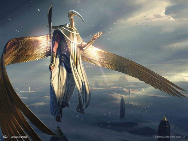 amonkhet anthro detailed_background male solo text wings chase_stone egyptian_mythology hasbro magic:_the_gathering middle_eastern_mythology mythology wizards_of_the_coast kefnet avian bird deity lance_(disambiguation) 4:3 english_text official_art