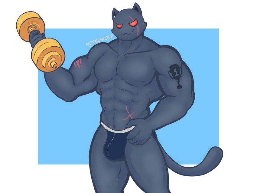 >:3 abs anthro bulge clothing dumbbell exercise exercise_equipment hand_on_hip hyper jockstrap looking_at_viewer male muscular muscular_male navel nipples scar simple_background solo speedo swimwear tattoo underwear weightlifting weights workout notedwolf epic_games fortnite meowscles meowscles_(shadow) domestic_cat felid feline felis mammal 2022 hi_res