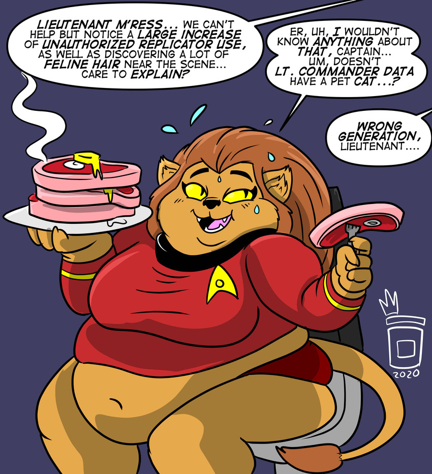 anthro beef bodily_fluids butter dairy_products dialogue female food meat obese obese_anthro obese_female offscreen_character overweight overweight_anthro overweight_female solo steak sweat text royaljellysandwich star_trek star_trek_the_animated_series m'ress alien caitian felid mammal absurd_res english_text hi_res