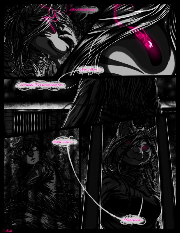 anthro cage dialogue duo female glowing glowing_eyes male mask pink_eyes speech_bubble text conditional_dnp ratte legacy_(ratte) cagim kumo_(ratte) faraden mammal new_faraden procyonid raccoon wraith 2018 comic digital_media_(artwork) english_text hi_res young_(lore)